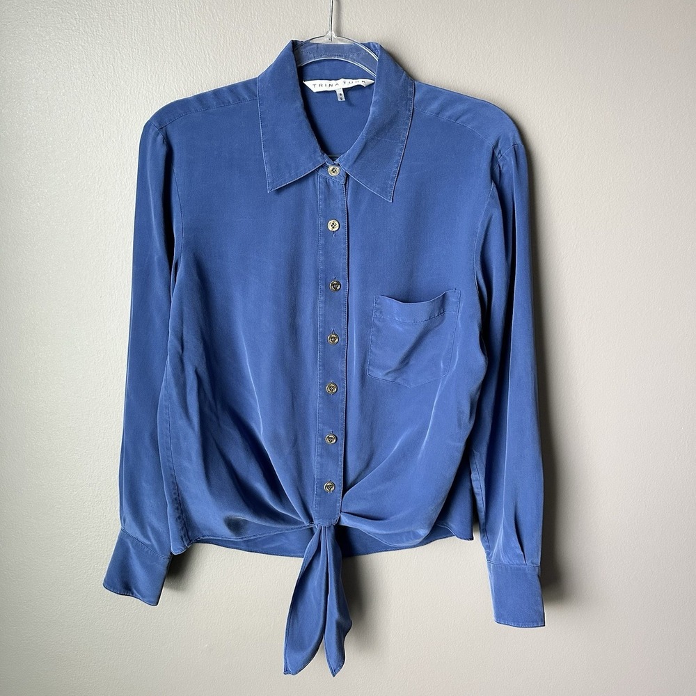 Trina Turk Tie Front Button Up Shirt Womens Small Blue 100% Silk Long Sleeve